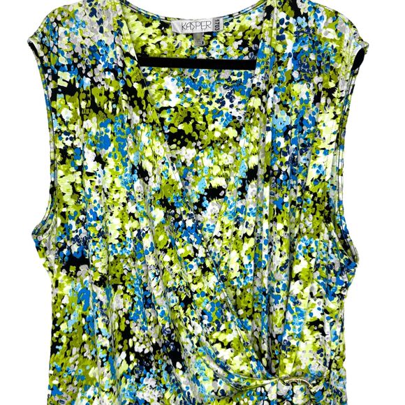 Kasper Green & blue abstract floral print faux wrap sleeveless dress Plus 20W - Picture 5 of 10